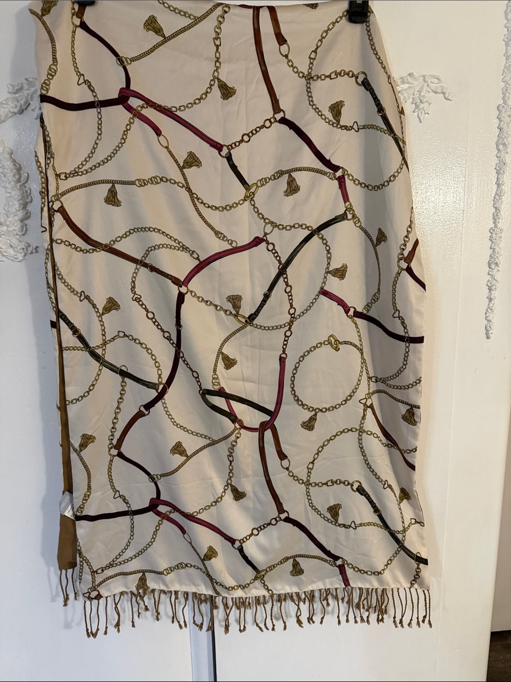 Chico's Cream Scarf with Gold Chain Print and Burgundy & Black Accents